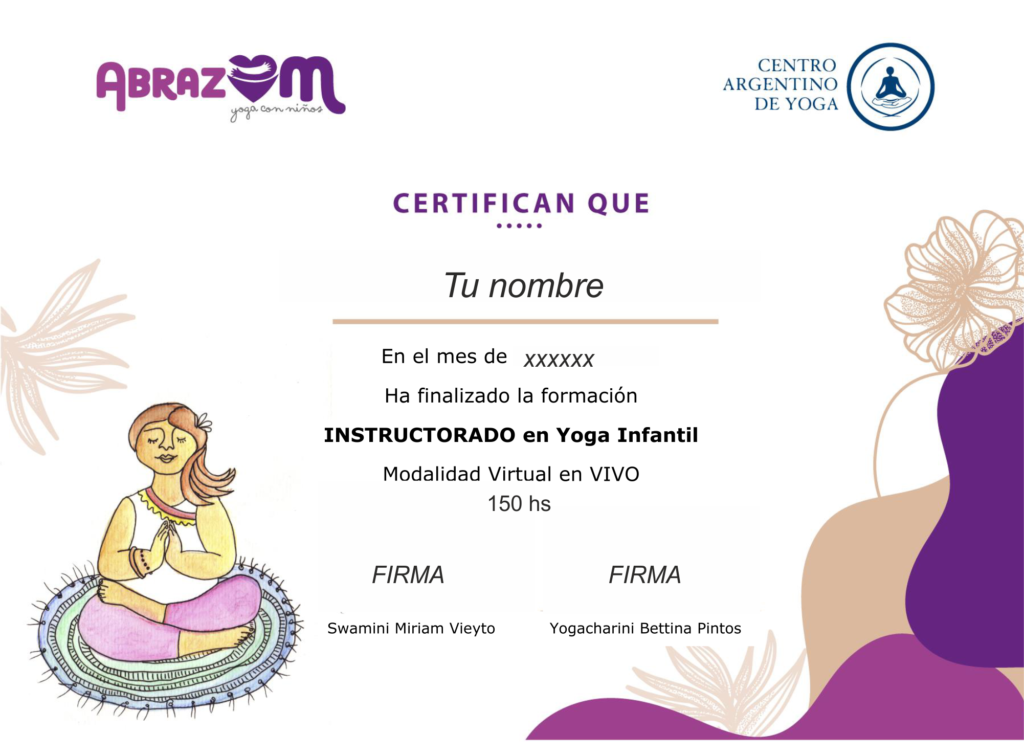 Imagen con un ejemplo del diploma recibido al recibirse en el Instructorado en Yoga Infantil