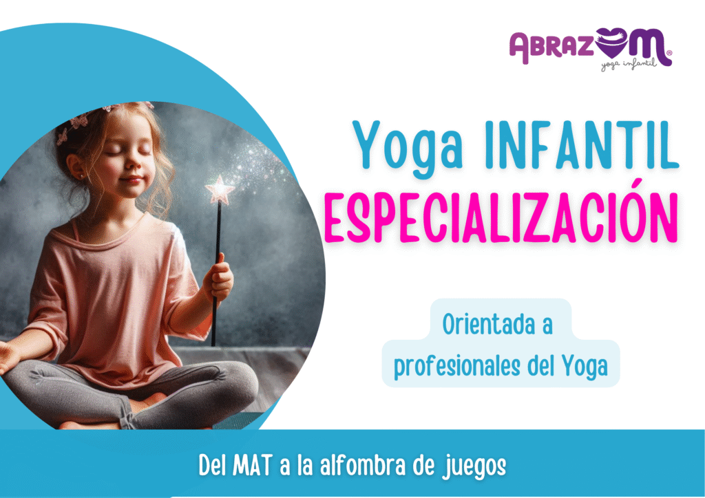 Imagen del anuncio Especializaciòn en yoga infantil. En colores turquesa y fucsia. Se ve a una niña relajada, sentada en postura de yoga y con una varita màgica en su mano
